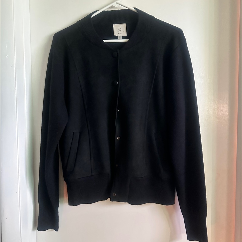 Sioni Bomber Jacket Black Wool sleeves Varsity Snap Front size large.